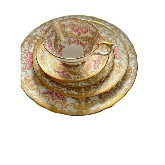 John Ansley Bone China 7986 00 Place Setting Gold Leaf Ornate Pink Vtg - Picture 6 of 16